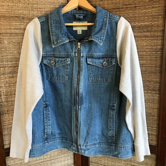 Upcycled Denim Jacket, Size M: Nature Wanderer Patches, Waffle Knit Sleeves - Picture 9 of 12